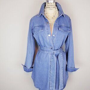 Vintage Inspired Light Denim Snap Front Shirt Dress or Long Jacket Size Large